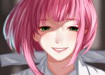  1girl bangs blurry blurry_background collared_shirt depth_of_field eyebrows_visible_through_hair g4265059 green_eyes grey_shirt grin hairu_ihei looking_at_viewer pink_hair portrait shirt short_hair smile solo teeth tokyo_ghoul tokyo_ghoul:re 