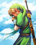  1boy belt bird blonde_hair blue_sky closed_eyes clouds earrings fingerless_gloves gloves green_headwear green_tunic highres holding jewelry la-sera leaves_in_wind link master_sword pointy_ears sailcloth sky the_legend_of_zelda the_legend_of_zelda:_skyward_sword 