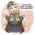  :d beret blonde_hair blue_skirt blush brown_shirt clenched_hands closed_eyes english_text eyebrows_visible_through_hair girls_frontline green_neckwear hat headband long_hair looking_at_viewer m1_garand_(girls&#039;_frontline) necktie open_mouth serjatronic shirt skirt smile sparkle suspenders 
