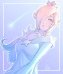  1girl absurdres blonde_hair blue_dress blue_eyes crown dress earrings hair_over_one_eye hand_on_own_chest highres jewelry long_hair long_sleeves looking_to_the_side rosalina shooting_star star_(symbol) star_earrings super_mario_bros. super_mario_galaxy tsuki_(xxsn3288) 