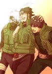  3boys beard black_hair bowl_cut hatake_kakashi laughing mask might_guy naruto sarutobi_asuma vest white_hair 