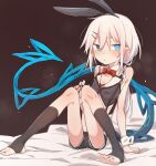  1girl animal_ears black_leotard black_shorts blue_eyes blue_nails blush bow bowtie brown_background fake_animal_ears flat_chest hair_between_eyes hair_ornament hairband hairclip heterochromia higashi_shino highres knees_together_feet_apart leotard long_hair looking_at_viewer low_ponytail nail_polish nontraditional_playboy_bunny nowareno_(higashi_shino) original parted_lips pointy_ears rabbit_ears red_bow red_neckwear shorts sitting slit_pupils solo stirrup_legwear tail toeless_legwear toenail_polish toenails white_hair wrist_cuffs yellow_pupils 
