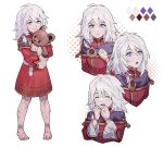  1girl bangs blush braid bruise byuub closed_eyes closed_mouth dress edelgard_von_hresvelg eyebrows_visible_through_hair fire_emblem fire_emblem:_three_houses hair_ornament injury long_hair long_sleeves looking_at_viewer open_mouth scar simple_background smile solo stuffed_animal stuffed_toy teddy_bear violet_eyes white_hair younger 