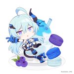  1girl :o bangs black_legwear blue_eyes blue_gloves blue_hair blueberry chibi fang food fruit full_body gloves hair_between_eyes honkai_(series) honkai_impact_3rd horns ice_cream jin2 liliya_olenyeva long_hair looking_at_viewer looking_back macaron one_eye_closed open_mouth plate simple_background single_horn smile solo tail thick_eyebrows thigh-highs v white_background 