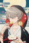  1boy absurdres aqua_nails blue_eyes blue_menouu bracelet earrings eating egasumi egg flower grey_hair hair_between_eyes hands_up highres holding hood hood_up huge_filesize jewelry original pink_flower ring short_hair solo upper_body yellow_nails 