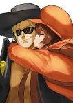  1boy 1girl backpack bag bangs black_coat black_headwear blonde_hair brown_hair cabbie_hat closed_eyes coat cowboy_hat flasso guilty_gear guilty_gear_strive guilty_gear_xrd hat heart high_collar highres jacket johnny_(guilty_gear) kiss long_hair long_sleeves may_(guilty_gear) open_clothes open_jacket orange_headwear orange_jacket short_hair skull sunglasses topless_male very_long_hair white_background 