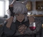  1girl animal_ears black_dress black_gloves blurry blurry_background cat_ears commentary_request cup dark-skinned_female dark_skin dress drinking_glass elbow_rest eyebrows_visible_through_hair final_fantasy final_fantasy_xiv fingerless_gloves gloves grey_eyes hand_on_own_head looking_at_viewer miqo&#039;te norheart parted_lips red_wine short_hair smile solo upper_body wine_glass y&#039;shtola_rhul 