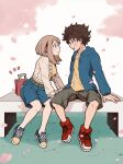  1boy 1girl blush boku_no_hero_academia brown_hair cherry_blossoms couple dashlix dating eye_contact facing_another hetero highres imminent_kiss leaning_forward looking_at_another md5_mismatch midoriya_izuku simple_background sitting uraraka_ochako 