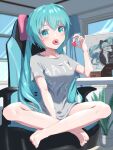  1girl alternate_costume aqua_eyes aqua_hair bare_legs barefoot between_legs blurry blurry_background blush breasts candy casual chair chocolate chocolate_bar collarbone commentary_request elbow_rest english_text eyebrows_visible_through_hair food full_body gaming_chair grey_shirt hair_between_eyes hand_between_legs hatsune_miku heart highres indoors long_hair looking_at_viewer magical_mirai_(vocaloid) makuhari-chan medium_breasts naked_shirt open_mouth portrait_(object) raised_eyebrow shirt sitting solo t-shirt tongue tongue_out twintails very_long_hair vocaloid wariza yukichi_(yu-ame) 
