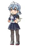  1girl :i aqua_hair bangs black_legwear blonde_hair blue_sailor_collar blue_skirt commentary_request eating food food_on_face full_body gloves gradient_hair hat holding holding_food kantai_collection long_hair low_twintails mizuki_kyou multicolored_hair pantyhose pleated_skirt sado_(kancolle) sailor_collar school_uniform serafuku simple_background skirt solo standing sweet_potato twintails undershirt white_background white_gloves white_headwear yakiimo 