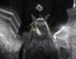  1girl ahoge animal_ears building choker closed_mouth collared_shirt commentary_request cup earrings floating floating_object formal gloves greyscale hair_over_one_eye highres horse_ears interlocked_fingers jacket jewelry light_trail long_hair long_sleeves looking_at_viewer manhattan_cafe_(umamusume) monochrome necktie road_sign shirt sign single_earring smile solo split_mouth spot_color suit umamusume wayang yellow_eyes 