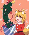  1girl ahoge alternate_costume animal_ear_fluff animal_ears asymmetrical_hair bangs bell belt black_belt blonde_hair breasts christmas coat commentary cookie_(touhou) cowboy_shot eyebrows_visible_through_hair fang fox_ears fox_girl fox_tail gift hair_between_eyes highres holding holding_gift medium_hair miramikaru_riran open_mouth ornament red_coat red_eyes santa_costume sidelocks small_breasts solo star_(symbol) tail yan_pai 