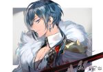  1boy bandages bangs black_flower blood blood_on_clothes blue_hair closed_mouth earrings eyepatch flower genshin_impact hiiro_(coinxtossxdive) jacket jewelry kaeya_(genshin_impact) long_hair looking_at_viewer male_focus ponytail shadow simple_background single_earring solo sword upper_body weapon 