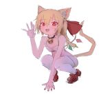  :d animal_ears bell blonde_hair blush bow bra breasts brown_footwear cat_ears cat_girl claw_pose fangs flandre_scarlet hair_bow hand_on_ground heart heart-shaped_pupils looking_at_viewer neck_bell open_mouth red_bow red_eyes red_nails reddizen shoes small_breasts smile squatting symbol-shaped_pupils tagme tail thigh-highs touhou underwear white_background white_bra white_legwear wings 