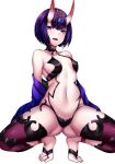  1girl ass_visible_through_thighs bangs bare_shoulders barefoot_sandals blush bob_cut breasts collarbone eyeliner fate/grand_order fate_(series) headpiece highres horns japanese_clothes kimono long_sleeves looking_at_viewer makeup navel off_shoulder oni oni_horns open_mouth purple_hair purple_kimono revealing_clothes short_hair shuten_douji_(fate) skin-covered_horns small_breasts smile solo squatting taka-kun violet_eyes wide_sleeves 