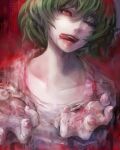  1girl bangs blood blood_from_mouth collarbone commentary_request eto_(tokyo_ghoul) green_hair grey_background grey_shirt hair_between_eyes hands_up highres long_sleeves looking_at_viewer one_eye_closed red_background red_eyes shirt short_hair solo tokyo_ghoul tokyo_ghoul:re tongue tongue_out upper_body upper_teeth yamamoto_no_ari 