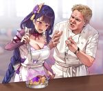  1boy 1girl @_@ apron bangs blonde_hair blunt_bangs blurry blurry_background braid braided_ponytail breasts bridal_gauntlets chef_uniform commentary electricity english_commentary eyebrows_visible_through_hair food foxyreine frilled_apron frills frying_pan genshin_impact gordon_ramsay hair_ornament hand_up hands_up hell&#039;s_kitchen highres holding indoors ladle large_breasts long_hair mole mole_under_eye neck_ribbon obi open_mouth parted_lips purple_hair raiden_shogun raised_eyebrows real_life ribbon sash short_hair spoon tearing_up violet_eyes watch watch white_apron window wrinkled_skin 