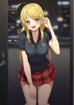  1girl ahoge bangs black_shirt blonde_hair blue_eyes blurry blurry_background bra_through_clothes breasts collared_shirt doorway eyebrows_visible_through_hair feet_out_of_frame hachimiya_meguru hair_ornament hairclip highres icarus_(632247131) idolmaster idolmaster_shiny_colors large_breasts leaning_forward long_hair miniskirt night open_door plaid plaid_skirt pleated_skirt rain red_skirt school_uniform see-through shirt short_sleeves skirt solo standing swept_bangs water wet wet_clothes wet_shirt 