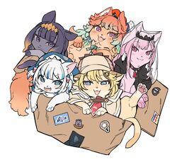  :3 :d animal_hood animalization bangs black_jacket blonde_hair blue_eyes blue_hair blush box brown_capelet brown_headwear capelet cardboard_box cat commentary death-sensei_(mori_calliope) deerstalker eyebrows_visible_through_hair fang gawr_gura gradient_hair green_eyes hat hololive hololive_english holomyth hood hood_up in_box in_container irys_(hololive) jacket long_hair looking_at_viewer mitsumine_(ookami_no_oyashiro) mori_calliope multicolored_hair necktie ninomae_ina&#039;nis open_mouth orange_hair orange_headwear pink_hair purple_hair red_eyes red_neckwear shark_hood short_hair simple_background smile streaked_hair symbol-only_commentary takanashi_kiara tako_(ninomae_ina&#039;nis) tiara veil violet_eyes watson_amelia white_background white_hair 