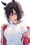  1girl absurdres black_hair blue_eyes blush breasts eishin_flash_(umamusume) eyebrows_visible_through_hair gym_shirt highres hizuki_higure jacket long_sleeves looking_away looking_down medium_breasts off_shoulder open_clothes open_jacket parted_lips red_jacket see-through shirt short_hair solo track_jacket translated umamusume undressing wet wet_clothes wet_hair wet_shirt white_shirt 