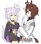  2girls :d agnes_tachyon_(umamusume) ahoge animal_ears bangs black_shirt brown_hair cat_ears cat_girl cat_tail closed_eyes collarbone cropped_torso crossover drawstring eyebrows_visible_through_hair hair_between_eyes highres hiiragi_mori_kanna holding hololive horse_ears horse_girl horse_tail labcoat long_sleeves midriff multiple_girls navel nekomata_okayu open_clothes open_mouth parted_lips puffy_long_sleeves puffy_sleeves red_eyes shirt simple_background sketch sleeves_past_fingers sleeves_past_wrists smile sweater_vest tail umamusume upper_body vial virtual_youtuber white_background 