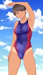  1girl arm_at_side arm_over_head armpits blue_sky breasts brown_eyes brown_hair clouds competition_swimsuit eyebrows_visible_through_hair groin highleg looking_at_viewer medium_breasts one-piece_swimsuit original short_hair sky smile solo standing swimsuit tan tanaka_rikimaru tanlines thighs 