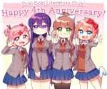  4girls :d anniversary bangs black_legwear blue_eyes blue_skirt bow brown_hair commentary_request copyright_name doki_doki_literature_club english_text eyebrows_visible_through_hair fang gesture green_eyes grey_jacket grin hair_between_eyes hair_bow hair_ornament hair_ribbon hairclip highres jacket long_hair long_sleeves monika_(doki_doki_literature_club) multiple_girls nan_(gokurou) natsuki_(doki_doki_literature_club) open_clothes open_jacket open_mouth pink_eyes pink_hair pleated_skirt ponytail purple_hair red_bow red_ribbon ribbon sayori_(doki_doki_literature_club) school_uniform short_hair simple_background skin_fang skirt smile thigh-highs two_side_up very_long_hair violet_eyes white_background white_ribbon yuri_(doki_doki_literature_club) zettai_ryouiki 