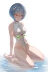  1girl adapted_costume ayanami_rei bare_arms bare_legs bare_shoulders barefoot blue_hair breasts can_zhu closed_mouth collarbone competition_swimsuit covered_navel expressionless full_body hair_ornament highleg highleg_swimsuit highres kneeling looking_at_viewer medium_breasts neon_genesis_evangelion one-piece_swimsuit red_eyes reflection reflective_water shallow_water short_hair simple_background solo swimsuit water white_background white_swimsuit 