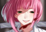  1girl bangs blood blurry blurry_background blurry_foreground collared_shirt commentary_request depth_of_field eyebrows_visible_through_hair g4265059 green_eyes grey_shirt grin hairu_ihei looking_at_viewer pink_hair portrait shirt short_hair smile solo teeth tokyo_ghoul tokyo_ghoul:re 