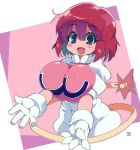  bangs blue_eyes blush_stickers bombergirl border breast_squeeze breasts collar gloves highres huge_breasts looking_at_viewer open_mouth outstretched_arms pants pastel_(twinbee) pink_background puffy_short_sleeves puffy_sleeves redhead robot short_sleeves tail twinbee white_border white_gloves white_pants zankuro 