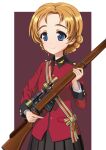  1girl bangs black_skirt blue_eyes braid chinese_commentary closed_mouth commentary epaulettes girls_und_panzer guan_1005 gun highres holding holding_gun holding_weapon jacket lee-enfield long_sleeves looking_at_viewer military military_uniform orange_hair orange_pekoe_(girls_und_panzer) parted_bangs pleated_skirt red_jacket rifle sash scope short_hair skirt smile solo st._gloriana&#039;s_military_uniform standing tied_hair twin_braids uniform weapon 