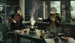  2boys absurdres black_hair book book_stack braid fire grey_hair hair_between_eyes hand_on_own_chin highres indoors jacket long_hair mouth_hold multiple_boys noasa open_book original paper pestle plant potted_plant scenery short_hair stairs standing table weighing_scale window 