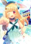  1girl ;d animal_ear_fluff bag bangs beret blonde_hair blunt_bangs blurry blurry_background commentary_request depth_of_field dress ears_through_headwear eyebrows_visible_through_hair green_headwear green_neckwear green_sailor_collar hair_ornament hat kou_hiyoyo long_hair looking_at_viewer neckerchief one_eye_closed open_mouth original outstretched_arm pocket_watch pointing pointing_at_viewer red_eyes sailor_collar shoulder_bag sleeveless sleeveless_dress smile solo star_(symbol) star_hair_ornament very_long_hair watch white_dress 