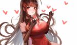  1girl absurdres black_gloves blush breasts brown_hair china_dress chinese_clothes closed_mouth covered_navel dress dsr-50_(girls&#039;_frontline) elbow_gloves eyebrows_visible_through_hair flower ga_yeah girls_frontline gloves hair_flower hair_ornament hand_up heart heart_print highres large_breasts long_hair looking_at_viewer nail_polish partially_fingerless_gloves red_dress red_eyes red_nails solo upper_body white_background 