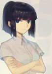  1girl bangs black_hair blue_eyes blunt_bangs boa_(brianoa) closed_mouth collared_shirt copyright_request crossed_arms grey_shirt highres looking_at_viewer medium_hair ponytail shirt short_sleeves sidelocks simple_background solo upper_body white_background white_shirt wing_collar 