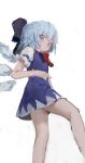  1girl :| bare_legs blue_dress blue_eyes blue_hair blush bow cirno closed_mouth dress eyebrows_visible_through_hair eyes_visible_through_hair from_below hair_bow hair_ornament highres ice ice_wings looking_down necktie red_neckwear reddizen shirt sketch tagme thighs touhou upskirt white_background white_shirt wings 