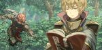  2boys ambush armor attack black_armor black_gloves black_legwear black_pants blonde_hair blue_capelet blue_scarf book bush capelet closed_mouth clueless collared_capelet commentary_request covered_mouth dated_commentary day eyebrows_visible_through_hair fire_emblem fire_emblem_fates floating_scarf forest furrowed_brow gloves gold_trim hair_between_eyes hair_slicked_back half-closed_eyes harusame_(rueken) high_collar holding holding_book japanese_clothes jitome leo_(fire_emblem) light_rays long_sleeves male_focus mask motion_lines mouth_mask multiple_boys nature ninja ninja_mask open_book orange_eyes outdoors pants reading redhead running saizo_(fire_emblem) scar scar_across_eye scar_on_face scarf shiny shiny_hair short_hair shoulder_armor shoulder_pads sidelocks standing sunbeam sunlight tree tsurime upper_body 