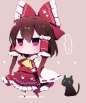  ... 1girl ascot bangs black_cat bow brown_background brown_hair cat closed_mouth detached_sleeves eyebrows_visible_through_hair full_body hair_bow hair_tubes hakurei_reimu highres looking_at_viewer medium_hair nontraditional_miko paw_print red_bow red_eyes red_footwear red_shirt red_skirt ribbon-trimmed_sleeves ribbon_trim shirt sidelocks simple_background skirt spoken_ellipsis standing sweatdrop touhou white_legwear wide_sleeves yellow_neckwear you_(noanoamoemoe) 