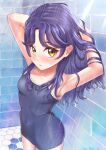  1girl absurdres akajiyuuki armpits ass blush collarbone eyebrows_visible_through_hair highres long_hair looking_at_viewer one-piece_swimsuit open_mouth precure purple_hair school_swimsuit showering solo standing suzumura_sango swimsuit tropical-rouge!_precure wet wet_clothes wet_swimsuit yellow_eyes 