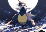  :&lt; blurry closed_mouth commentary_request from_below highres kura_(shironagasu02) no_humans pokemon pokemon_(creature) red_eyes samurott solo standing water 
