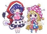  2girls american_flag_dress american_flag_legwear arm_up arrow_(symbol) bangs bare_shoulders black_dress black_eyes blonde_hair blue_dress blue_pants blush candy closed_mouth clownpiece doremy_sweet dress eating eyebrows_visible_through_hair fairy_wings food full_body hair_between_eyes hand_up hands_up hat jester_cap lana151 lollipop long_hair looking_at_another looking_away multicolored multicolored_clothes multicolored_dress multicolored_eyes multicolored_pants multiple_girls no_shoes numbered off-shoulder_dress off_shoulder pants pink_eyes pink_headwear polka_dot pom_pom_(clothes) purple_hair red_dress red_headwear red_pants short_hair short_sleeves simple_background smile socks standing star_(symbol) star_print striped striped_dress striped_pants tail touhou very_long_hair very_short_hair violet_eyes wavy_hair white_background white_dress white_eyes white_legwear white_pants wings 