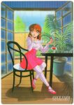  1980s_(style) 1girl absurdres anice_farm bangs brown_eyes brown_hair character_name chouon_senshi_borgman copyright_name day earrings eating food fruit full_body high-waist_skirt highres holding holding_food jewelry kikuchi_michitaka licking_lips long_hair long_sleeves official_art on_chair pink_footwear pink_skirt retro_artstyle scan shirt sitting skirt solo strawberry striped striped_legwear striped_shirt table tongue tongue_out wooden_floor 