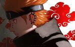  1boy bandana close-up detail ear_piercing face facing_to_the_side ibuo_(ibukht1015) male naruto nose_piercing orange_hair pain_(naruto) rinnegan spiked_hair trench_coat 