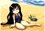  1girl bare_shoulders beach black_hair blue_eyes breasts castlevania castlevania:_order_of_ecclesia crab eyebrows_visible_through_hair gothic long_hair looking_at_viewer one-piece_swimsuit school_swimsuit setz shanoa simple_background solo swimsuit 