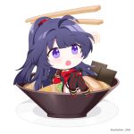  1girl :o antenna_hair bangs black_footwear black_gloves boots braid chibi chopsticks food full_body gloves hair_between_eyes honkai_(series) honkai_impact_3rd jin2 long_hair long_sleeves looking_at_viewer noodles open_mouth plate ponytail purple_hair raiden_mei raiden_mei_(striker_fulminata) ramen solo thigh-highs thigh_boots violet_eyes 