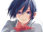  1girl bangs blue_eyes blush bow collared_shirt commentary_request crying crying_with_eyes_open g4265059 grey_shirt hair_between_eyes kirishima_touka looking_at_viewer open_mouth red_bow red_neckwear shirt short_hair simple_background solo tears tokyo_ghoul upper_teeth white_background 