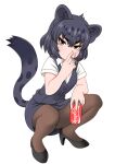  1girl animal_ears bagua_zhang black_jaguar_(kemono_friends) breasts coca-cola eyebrows_visible_through_hair formal grey_eyes jaguar_ears jaguar_girl jaguar_print jaguar_tail kemono_friends looking_at_viewer medium_breasts office_lady pantyhose pencil_skirt shirt short_hair simple_background skirt skirt_suit solo suit tail white_background 