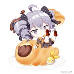  1girl antenna_hair bangs bow bowtie bronya_zaychik bronya_zaychik_(wolf&#039;s_dawn) brown_jacket chibi closed_mouth drill_hair earrings food full_body grey_eyes grey_hair hair_between_eyes homu_(honkai_impact) honkai_(series) honkai_impact_3rd jacket jewelry jin2 long_sleeves looking_at_viewer plate red_footwear shoe_soles shoes simple_background solo twin_drills white_background yellow_neckwear 