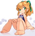  1girl barefoot blonde_hair blush_stickers closed_mouth green_eyes green_ribbon hair_ribbon joints karukan_(monjya) long_hair looking_at_viewer mega_man_(classic) mega_man_(series) one-piece_swimsuit ponytail ribbon robot_joints roll_(mega_man) simple_background solo swimsuit white_background 
