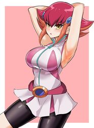  1girl absurdres armpits arms_up belt bike_shorts blush breasts dress hair_ornament hairclip highres kouzuki_anna large_breasts looking_at_viewer multicolored_hair orange_hair redhead short_hair sleeveless solo synchroman two-tone_hair yellow_eyes yu-gi-oh! yu-gi-oh!_zexal 